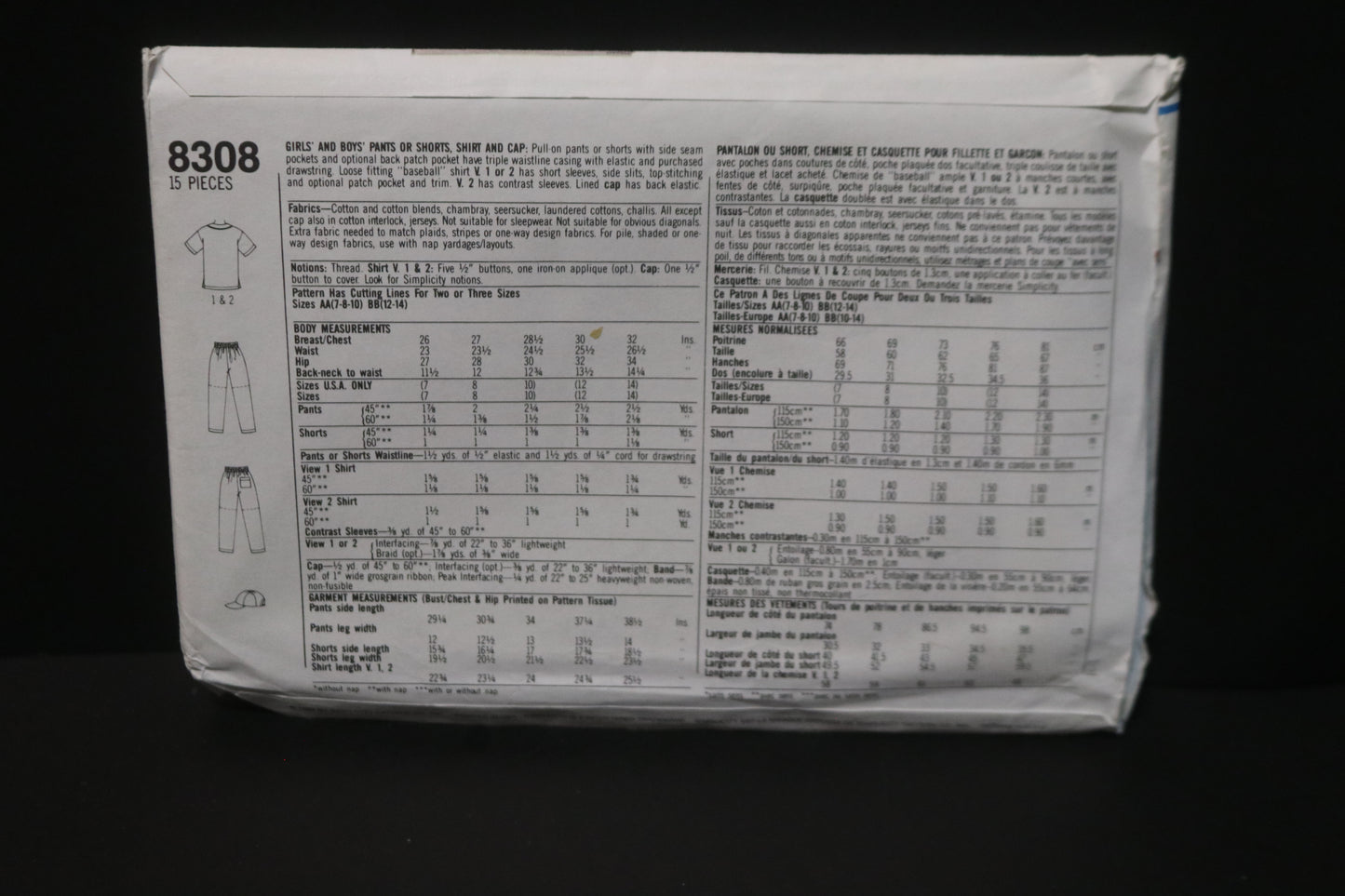 SImplicity 8308 Girls and Boys Pants or Shorts Shirt and Cap Sewing Pattern - UNCUT - Size 7 - 10
