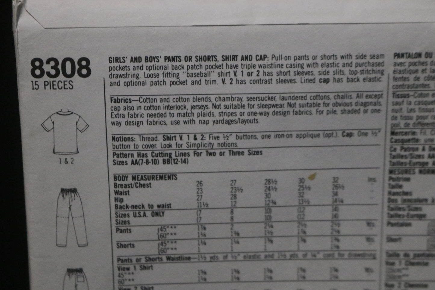 SImplicity 8308 Girls and Boys Pants or Shorts Shirt and Cap Sewing Pattern - UNCUT - Size 7 - 10