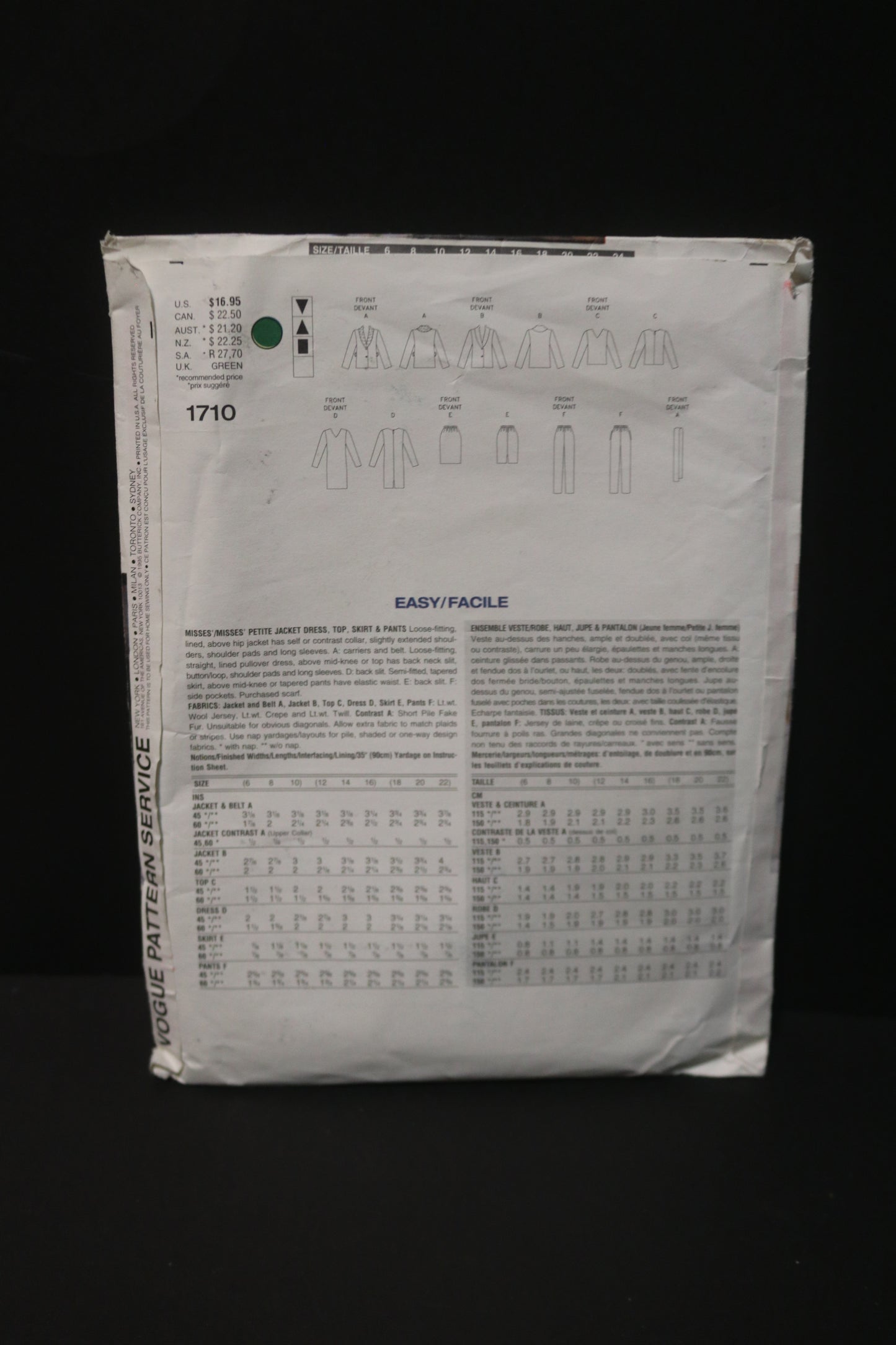 Vogue 1710 Misses / Misses Petite Jacket Dress Top Skirt and Pants Sewing Pattern - UNCUT - Size 12 14 16