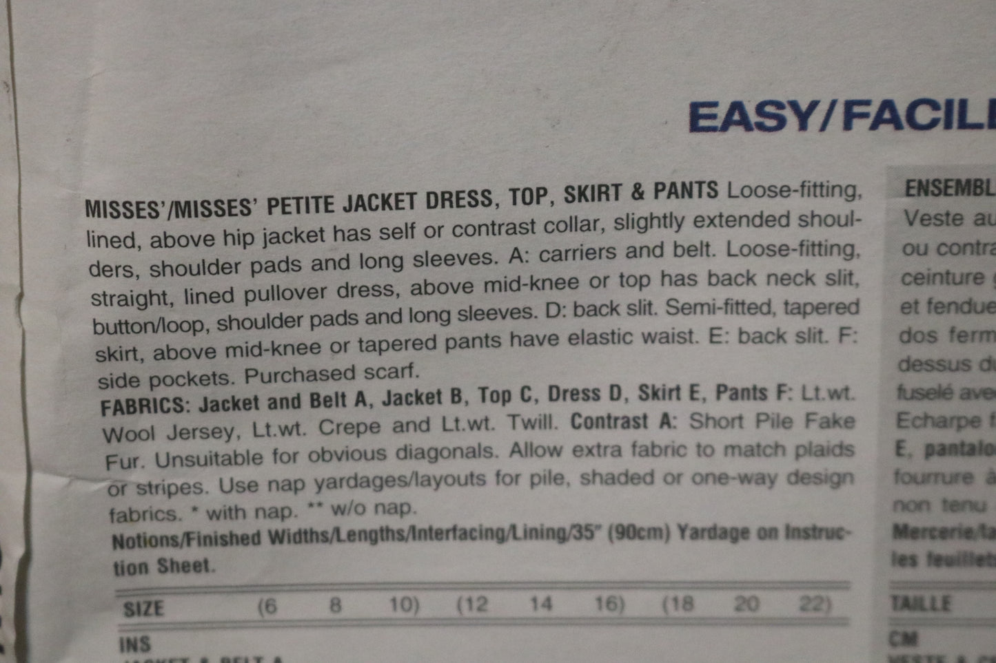 Vogue 1710 Misses / Misses Petite Jacket Dress Top Skirt and Pants Sewing Pattern - UNCUT - Size 12 14 16