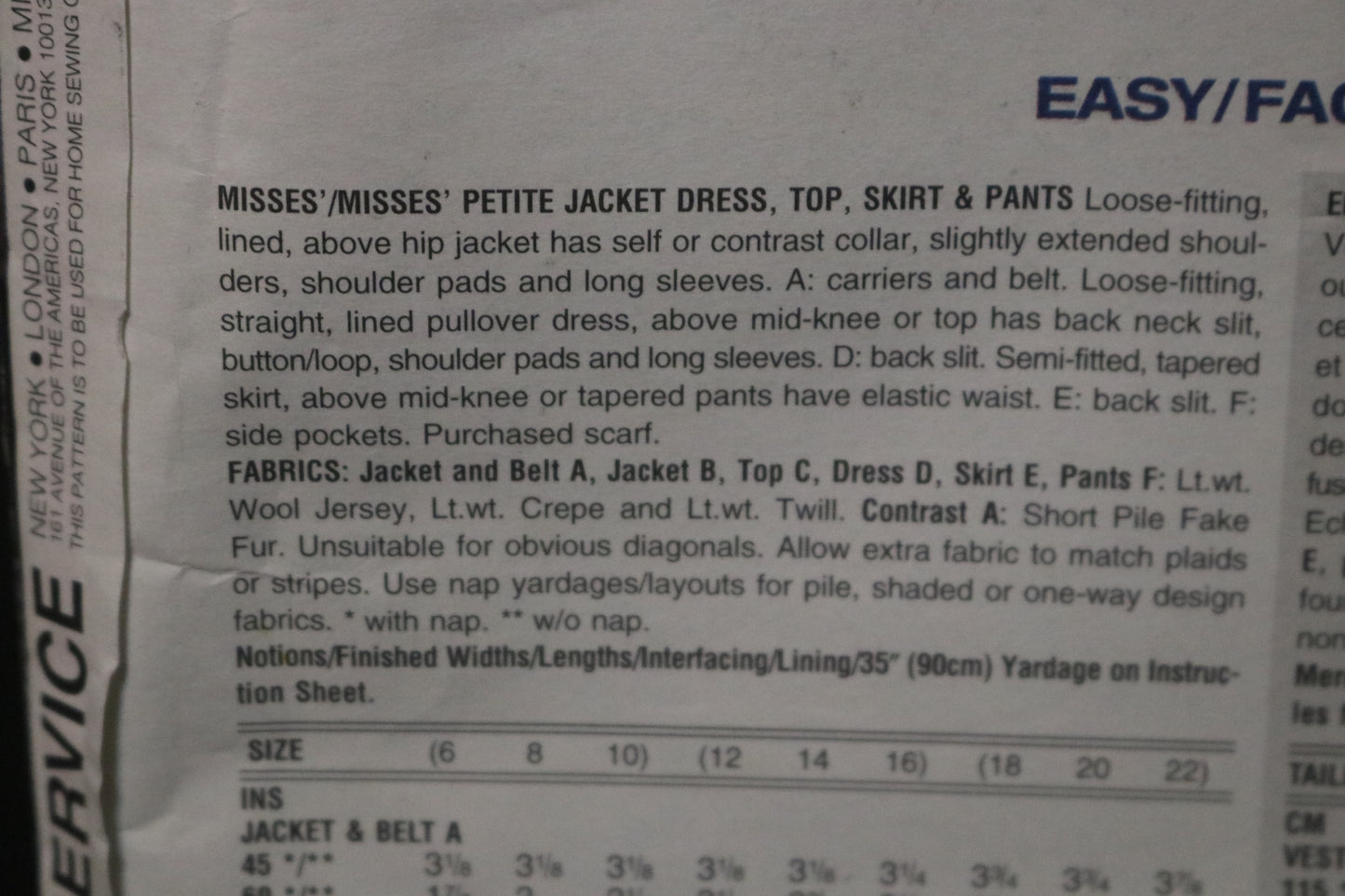 Vogue 1710 Misses / Misses Petite Jacket Dress Top Skirt and Pants Sewing Pattern - UNCUT - Size 12 14 16