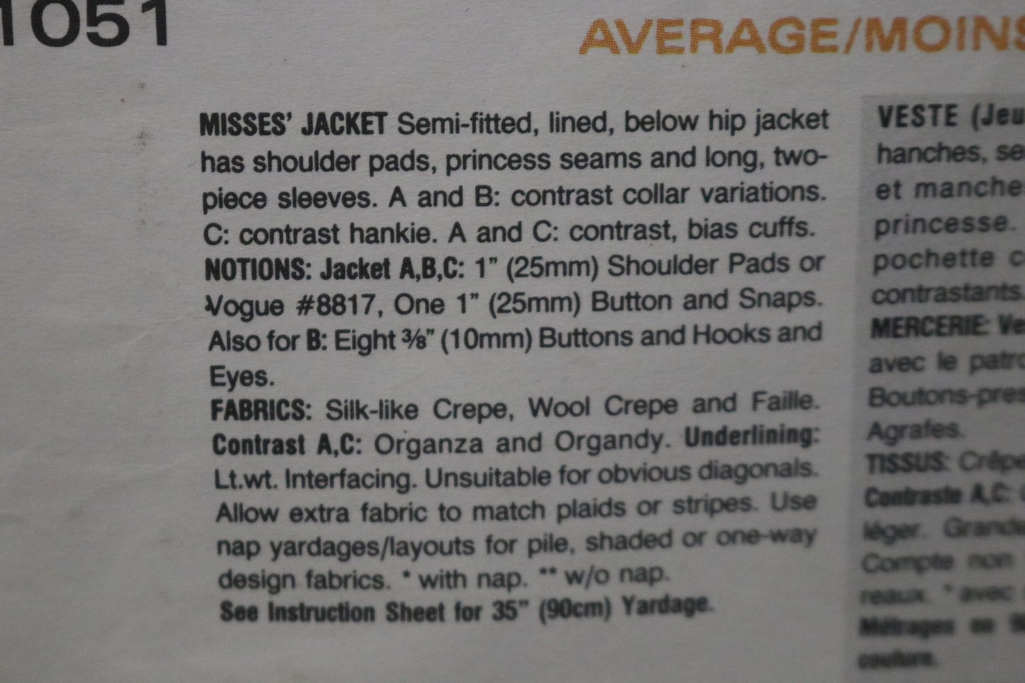 Vogue 1051 Christian Francis Roth  Misses Jacket Sewing Pattern - UNCUT -  Size 8