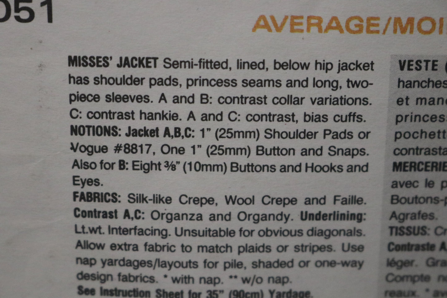 Vogue 1051 Christian Francis Roth  Misses Jacket Sewing Pattern - UNCUT -  Size 8