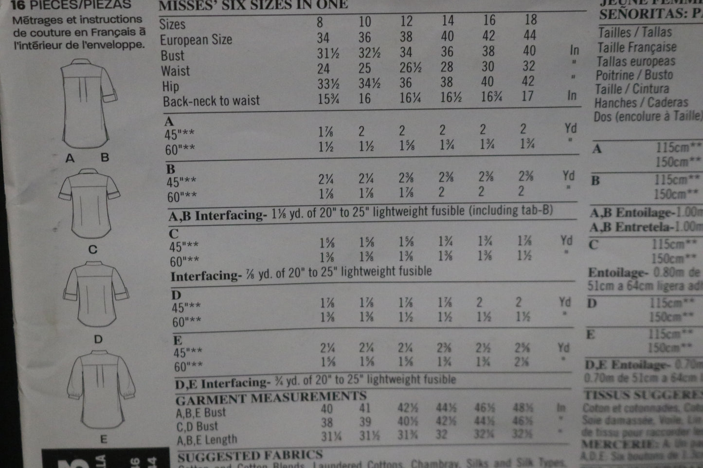 New Look 6963 Misses Shirt with Collar, Sleeve and Length Variations Sewing Pattern UNCUT - Size 8 - 18