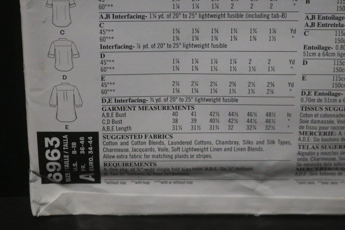 New Look 6963 Misses Shirt with Collar, Sleeve and Length Variations Sewing Pattern UNCUT - Size 8 - 18