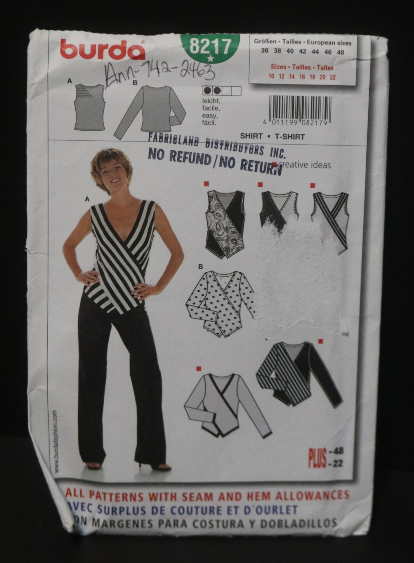 Burda 8217 Misses T Shirt Sewing Pattern - UNCUT - Size 10 12 14 16 18 20 22