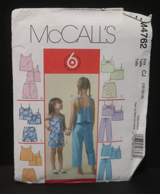 McCalls 4762 Girls Tops Skorts Shorts and Capri Pants Sewing Pattern - UNCUT Size 10 12 14