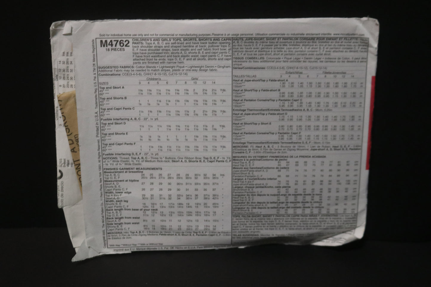 McCalls 4762 Girls Tops Skorts Shorts and Capri Pants Sewing Pattern - UNCUT Size 10 12 14