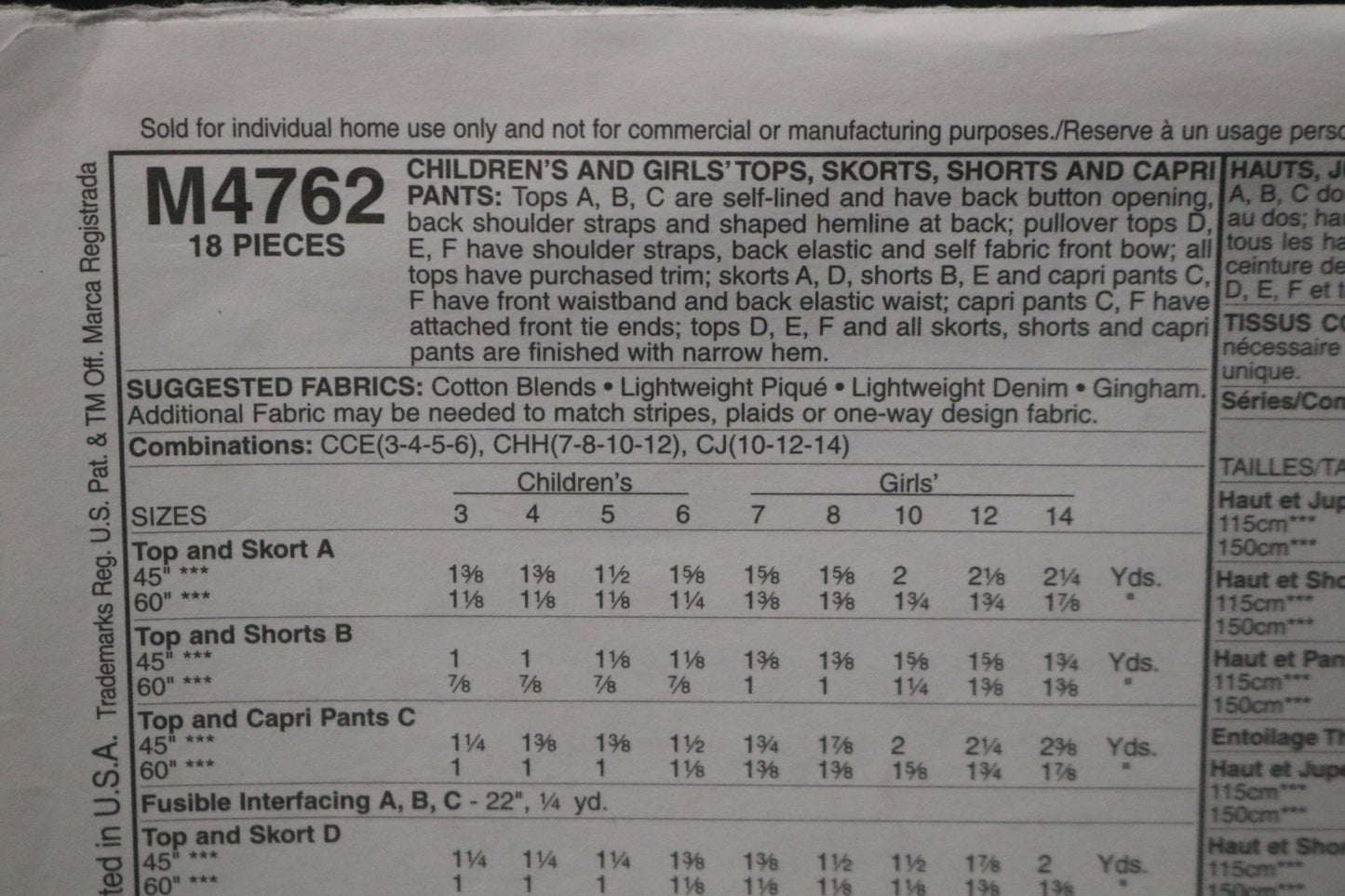 McCalls 4762 Girls Tops Skorts Shorts and Capri Pants Sewing Pattern - UNCUT Size 10 12 14