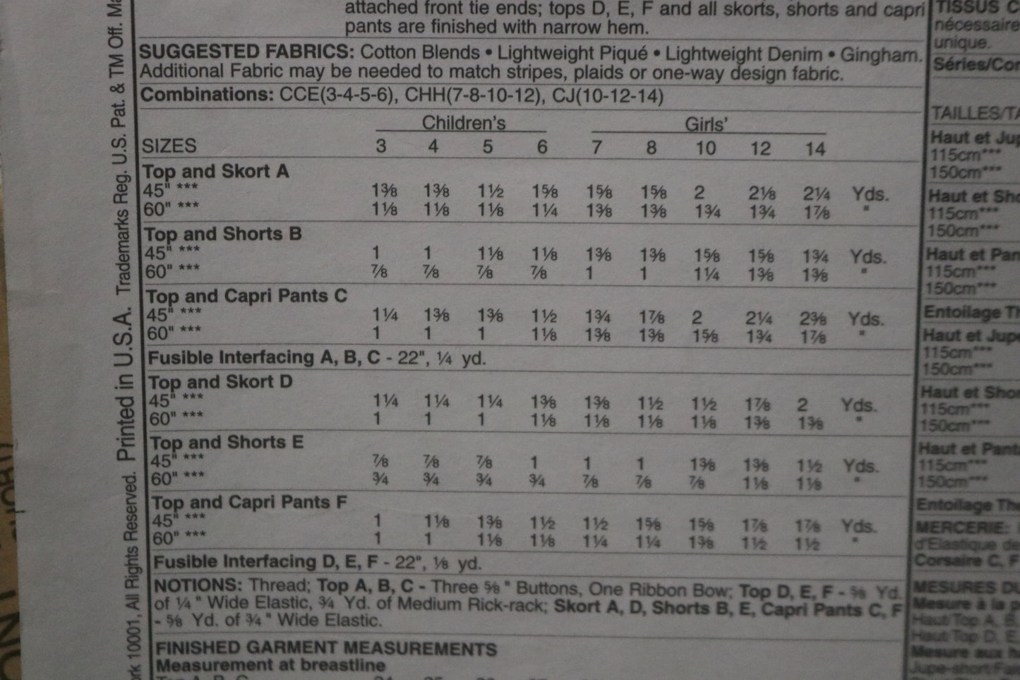 McCalls 4762 Girls Tops Skorts Shorts and Capri Pants Sewing Pattern - UNCUT Size 10 12 14