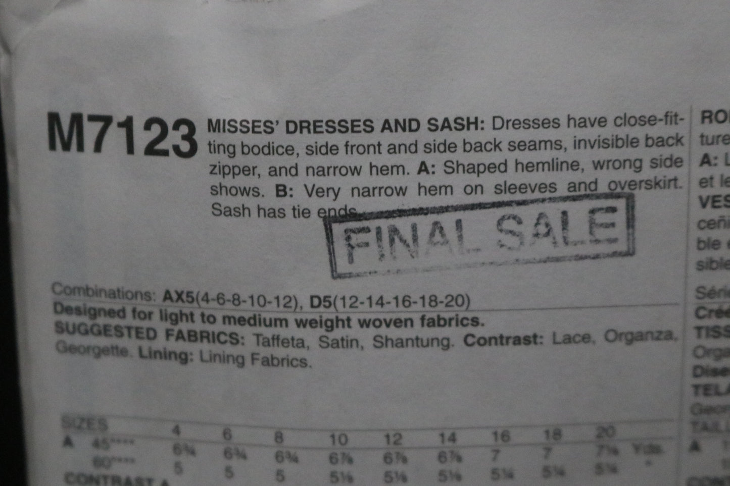 McCalls 7123  Misses Dress and Sash Sewing Pattern - UNCUT - Size 4 6 8 10 12