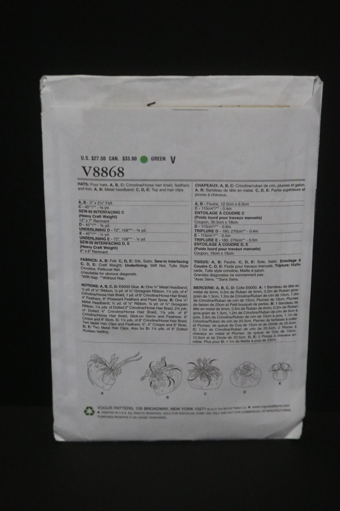 Vogue 8868 Hats Sewing Pattern - UNCUT