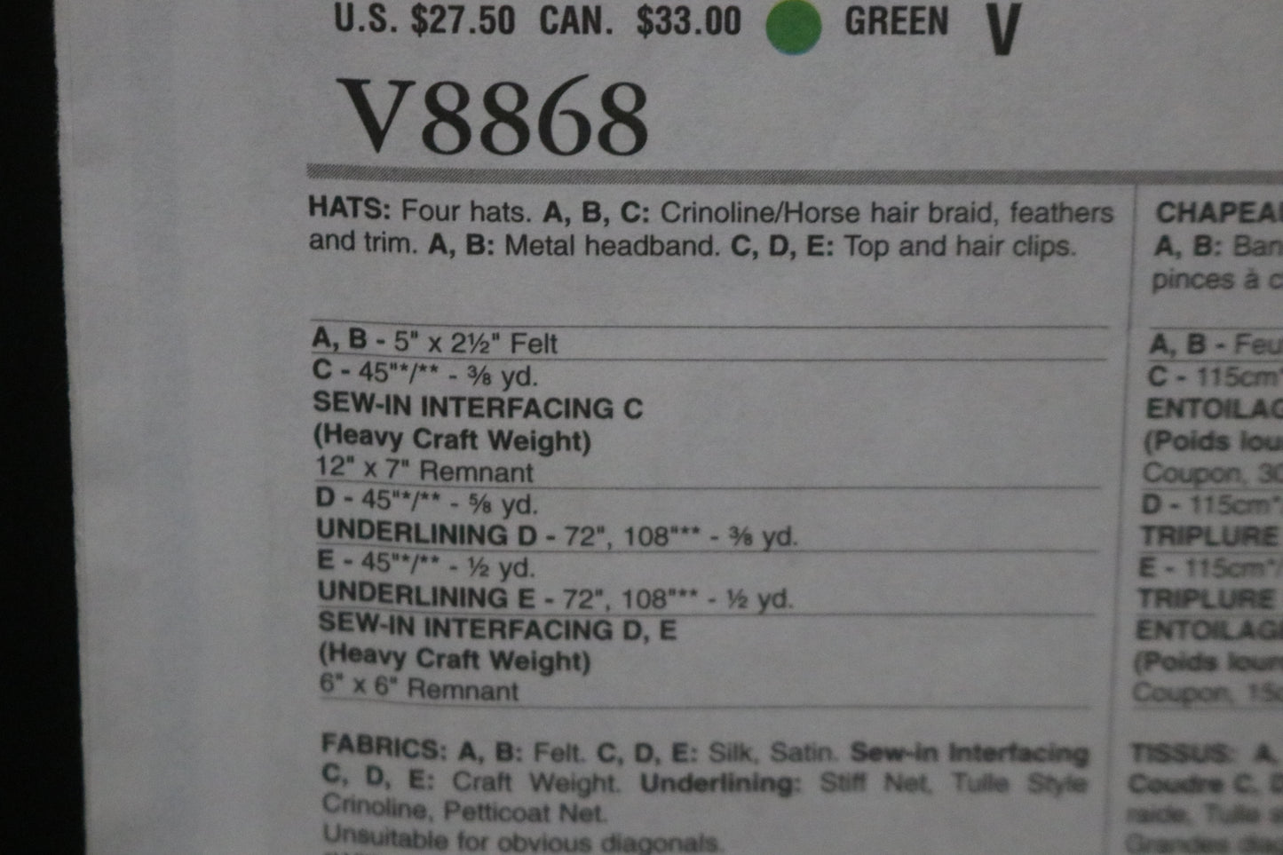 Vogue 8868 Hats Sewing Pattern - UNCUT