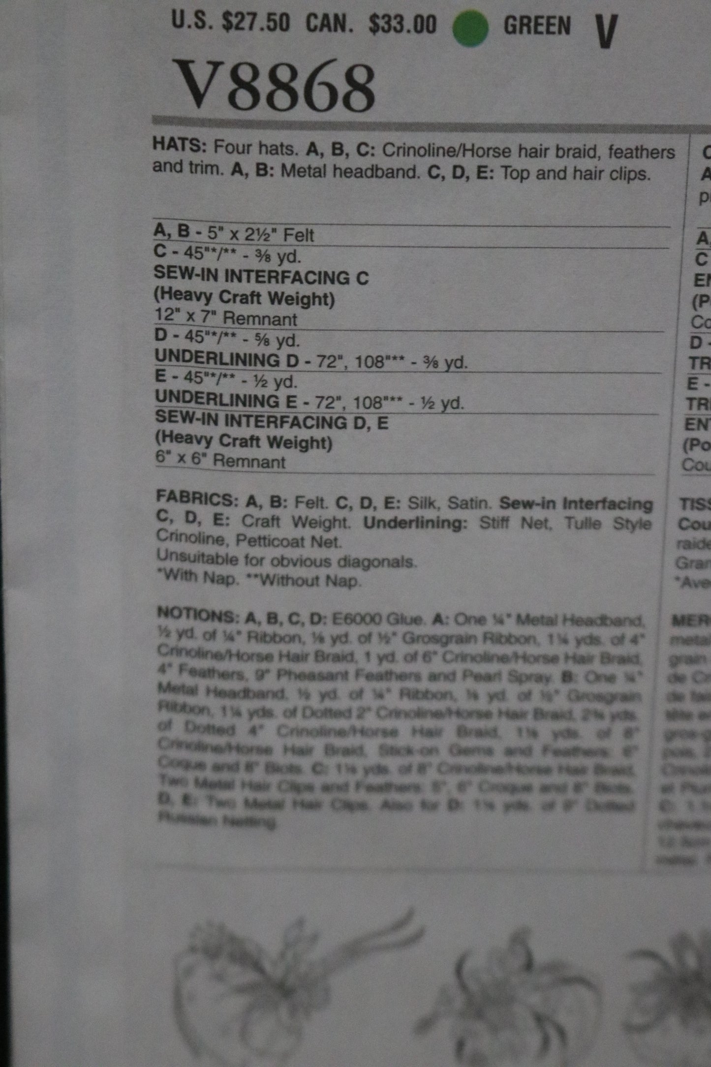 Vogue 8868 Hats Sewing Pattern - UNCUT