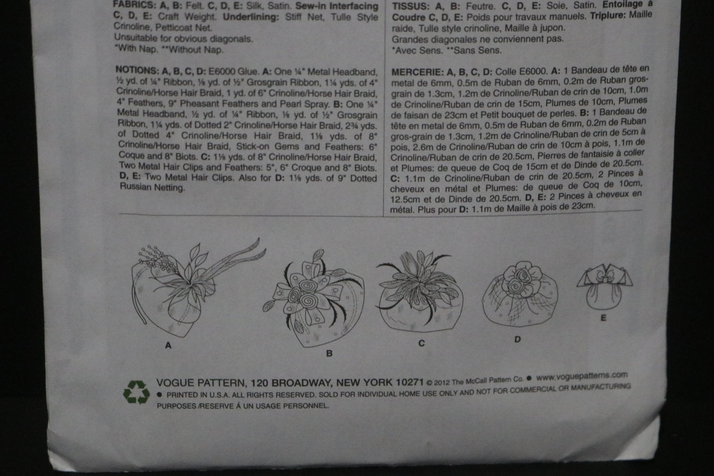 Vogue 8868 Hats Sewing Pattern - UNCUT