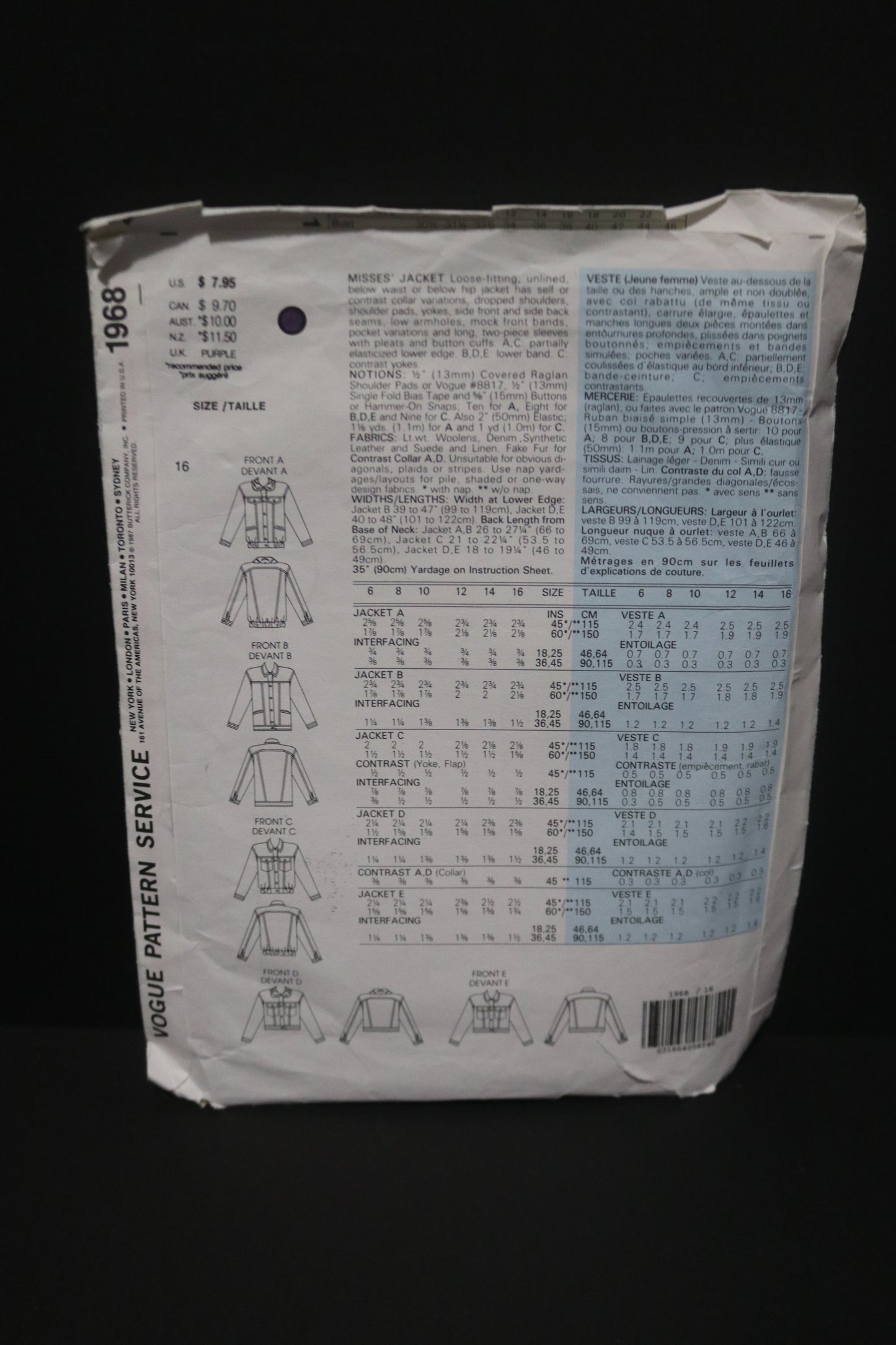 Vogue 1968 Misses Jacket Sewing Pattern - UNCUT -  Size 16