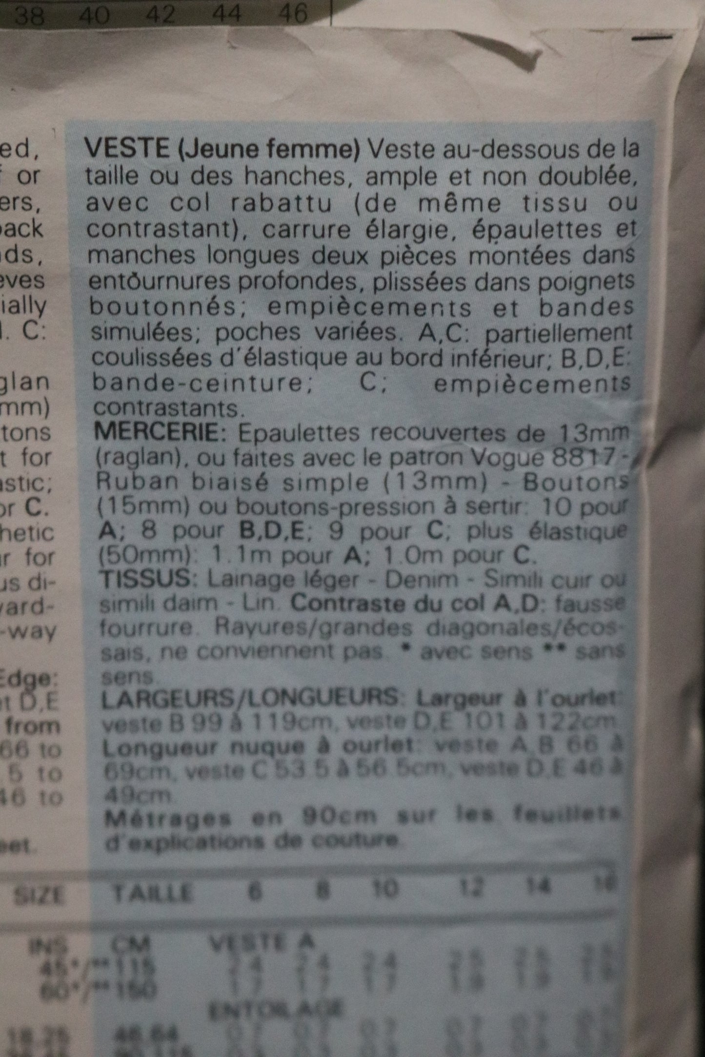 Vogue 1968 Misses Jacket Sewing Pattern - UNCUT -  Size 16