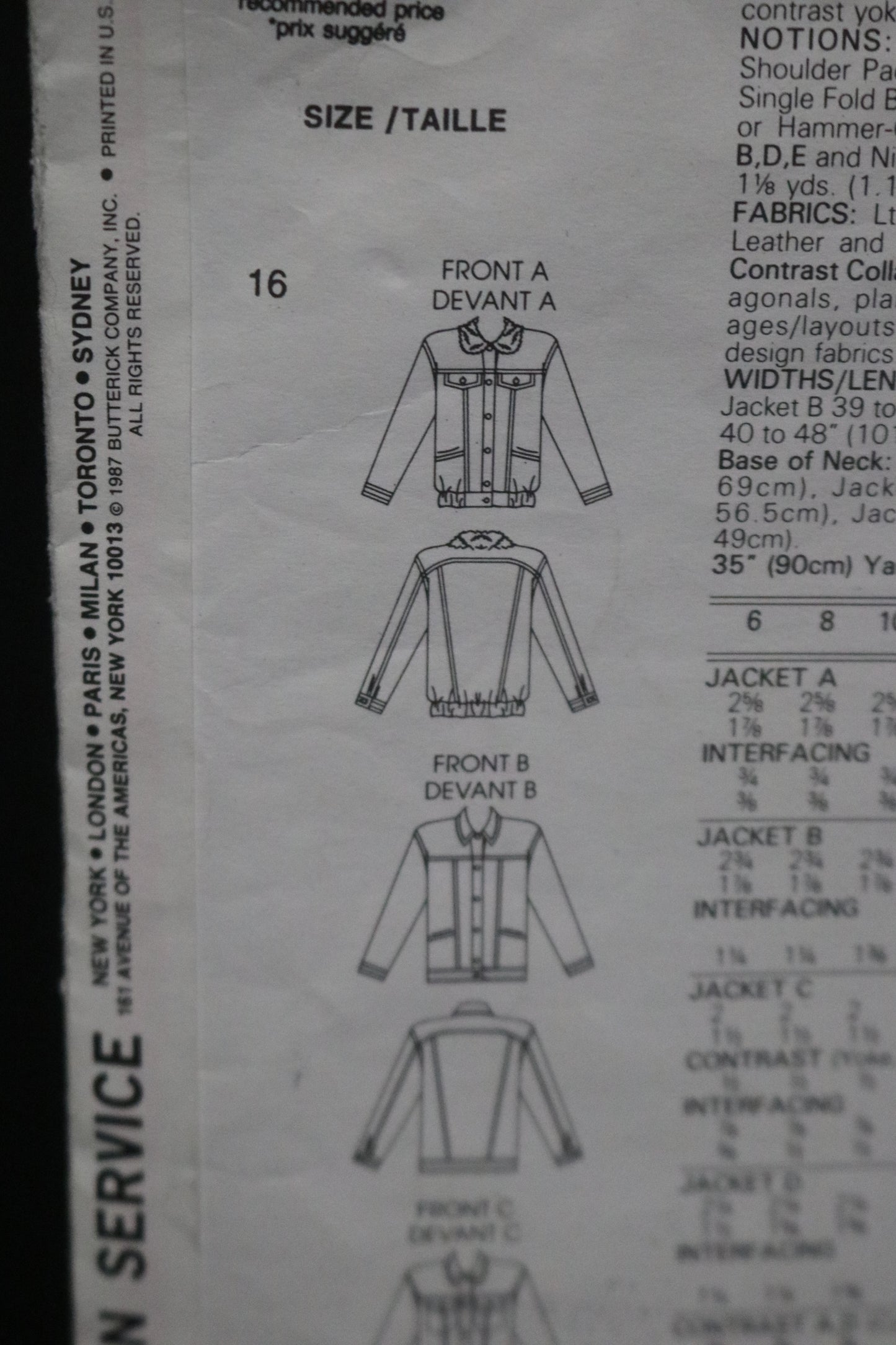 Vogue 1968 Misses Jacket Sewing Pattern - UNCUT -  Size 16