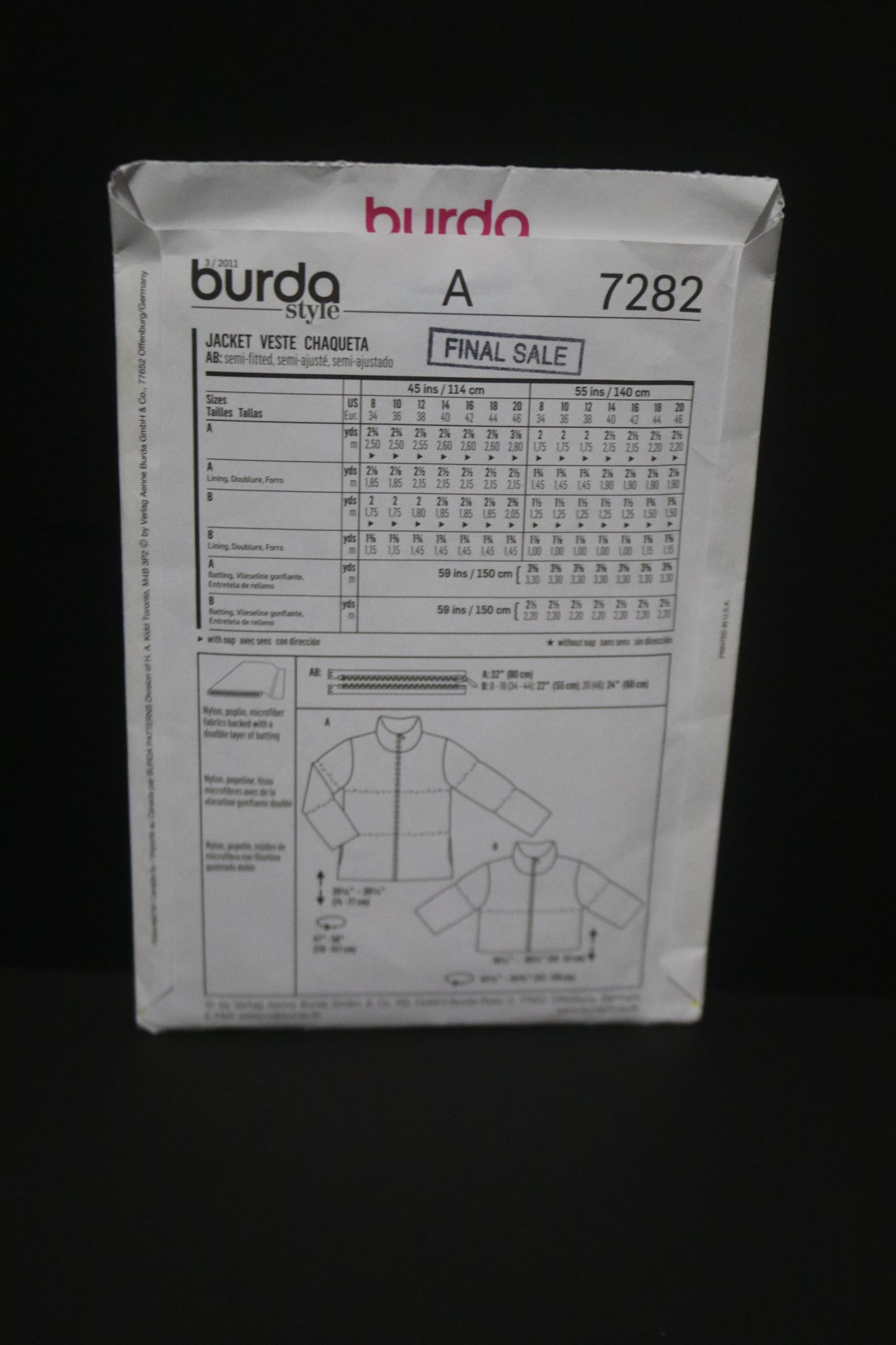 Burda Style 7282 Misses Jacket Sewing Pattern - UNCUT Size 8 10 12 14 16 18 20
