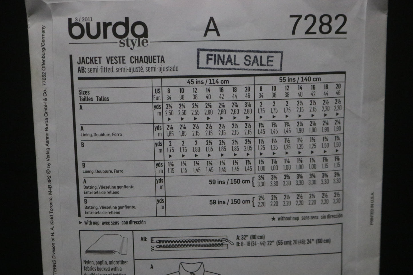 Burda Style 7282 Misses Jacket Sewing Pattern - UNCUT Size 8 10 12 14 16 18 20