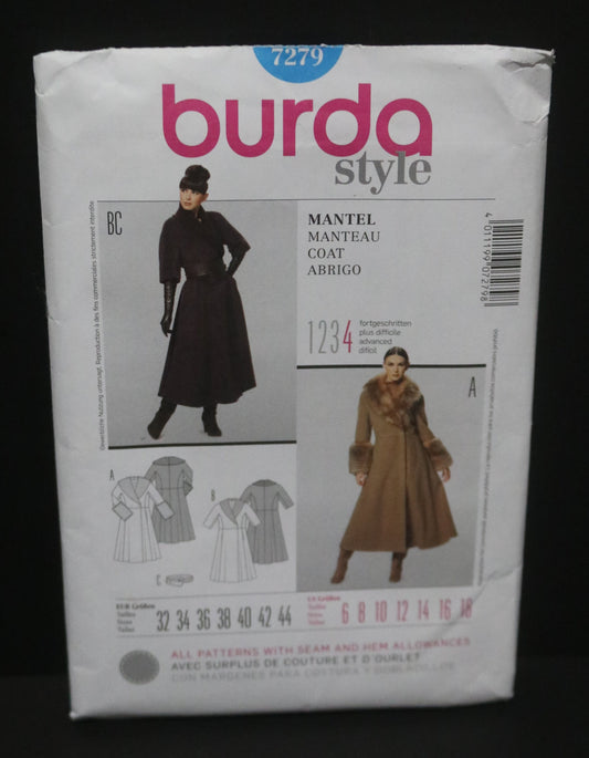 Burda Style 7279 Misses Coat Sewing Pattern - UNCUT Size 6 8 10 12 14 16 18