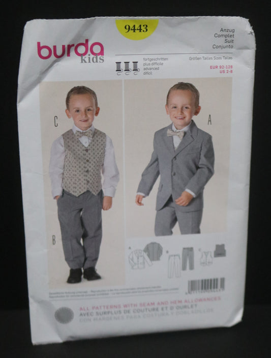 Burda 9443 Boys Suit - jacket Pants and Vest Sewing Pattern UNCUT Size 2 - 8