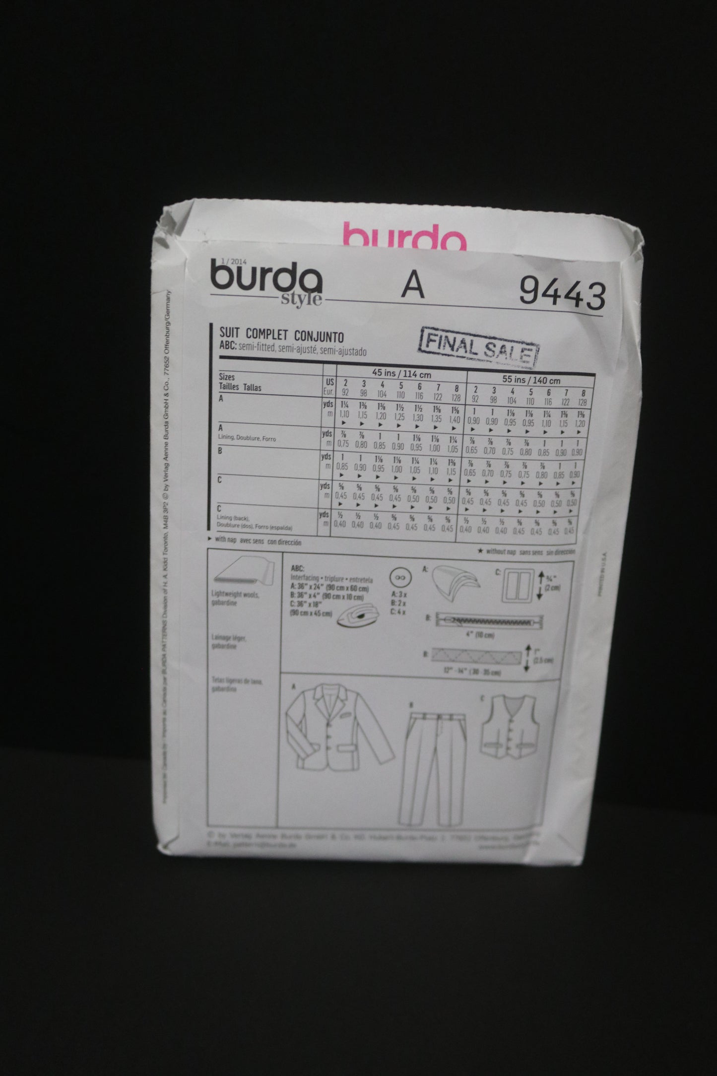 Burda 9443 Boys Suit - jacket Pants and Vest Sewing Pattern UNCUT Size 2 - 8