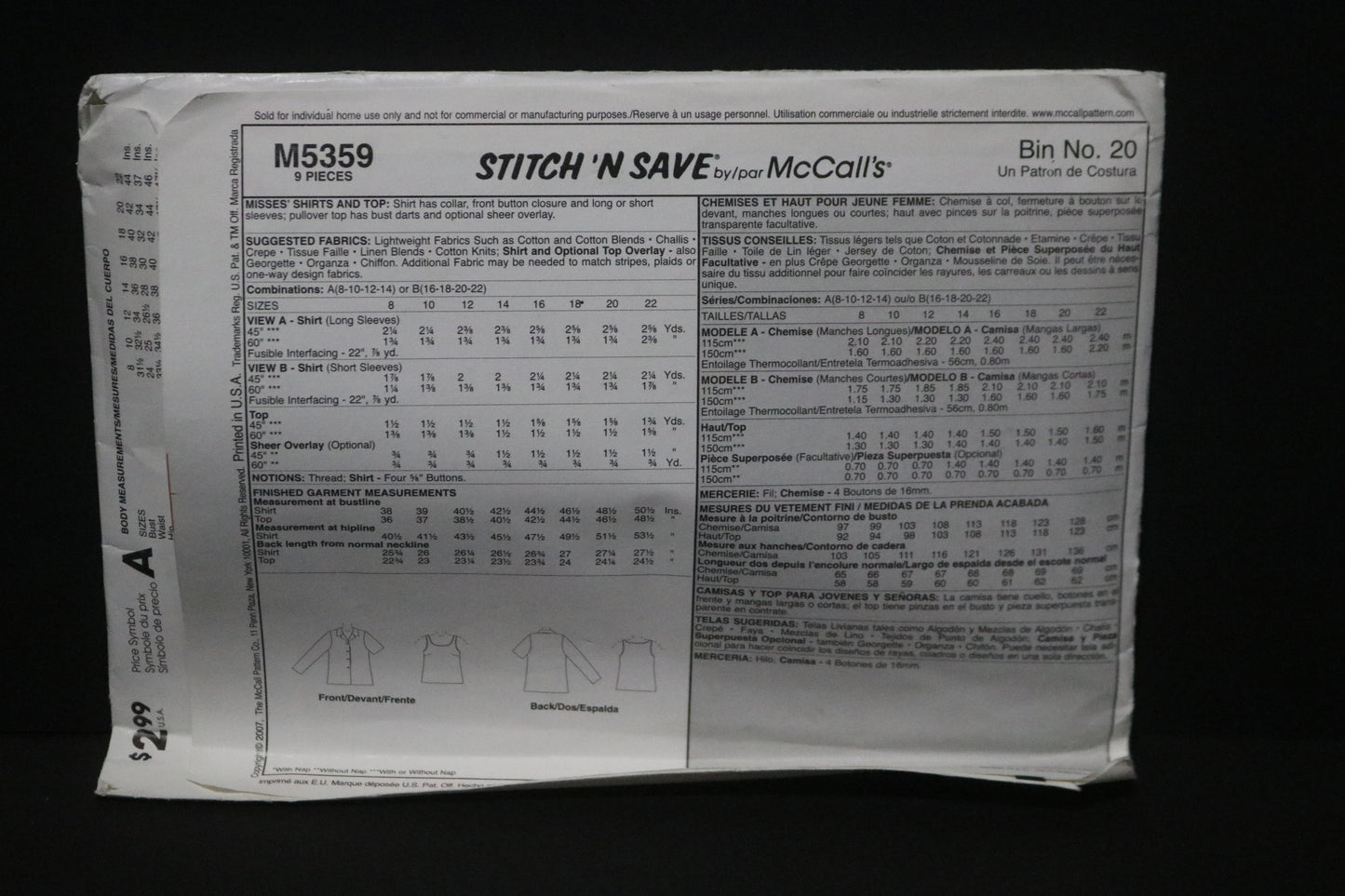 McCalls Stitch n Save 5359 Misses Shirts and Top Sewing Pattern UNCUT - Size 8 10 12 14