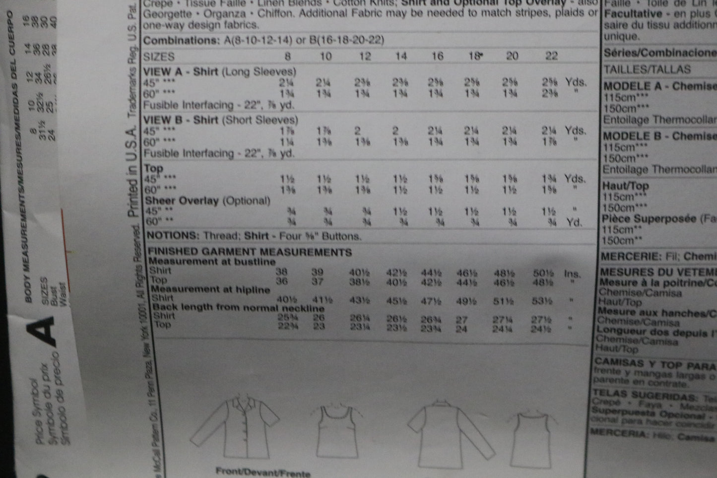 McCalls Stitch n Save 5359 Misses Shirts and Top Sewing Pattern UNCUT - Size 8 10 12 14