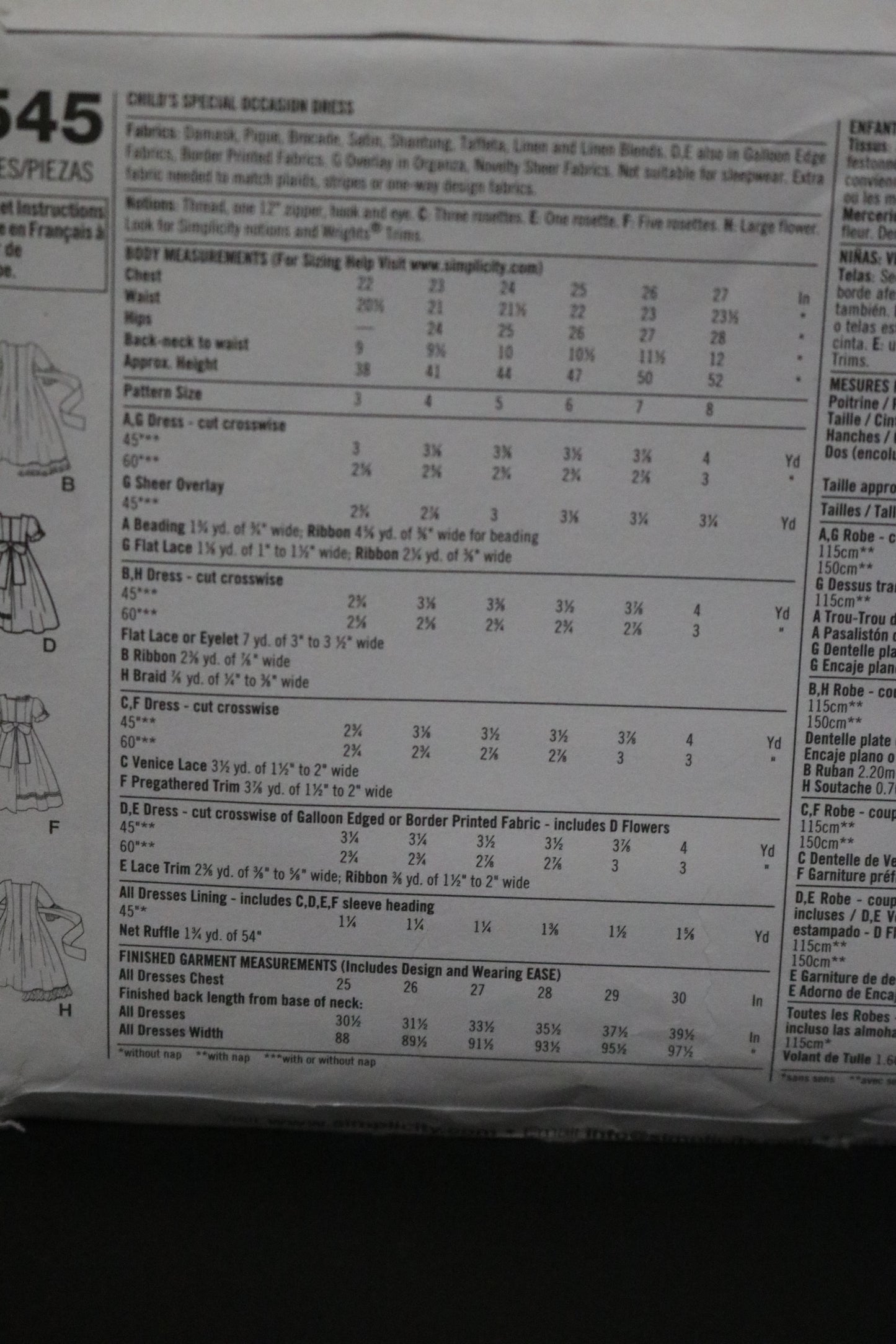 Simplicity 3545 Childs Special Occasion Dress Sewing Pattern UNCUT Size 3 - 6