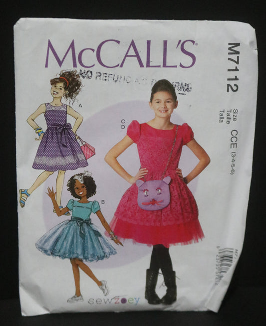 McCalls 7112 Children's/ Girls Dresses Dresses Belt and Purse Sewing Pattern UNCUT Size 3 4 5 6