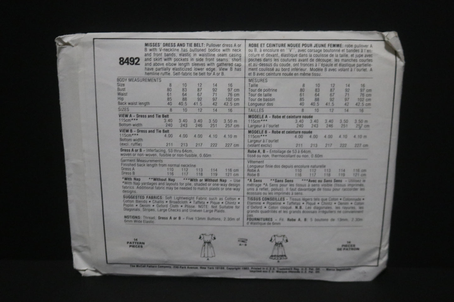 McCalls 8492 Laura Ashley Misses Dresses and Tie Belt  Sewing Pattern - UNCUT - Size 16