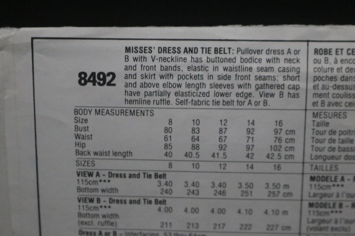 McCalls 8492 Laura Ashley Misses Dresses and Tie Belt  Sewing Pattern - UNCUT - Size 16