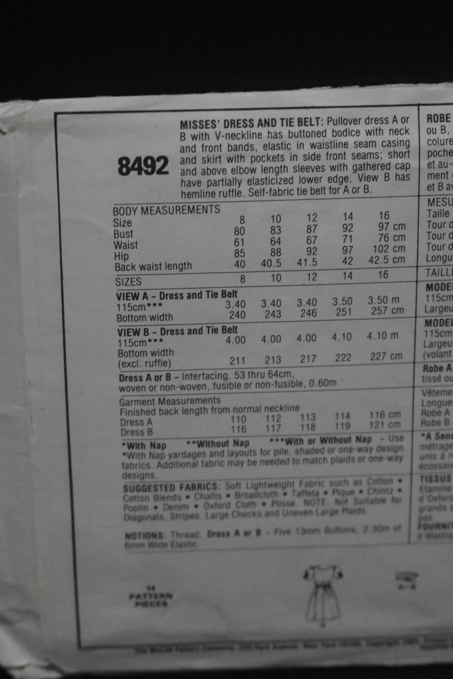 McCalls 8492 Laura Ashley Misses Dresses and Tie Belt  Sewing Pattern - UNCUT - Size 16