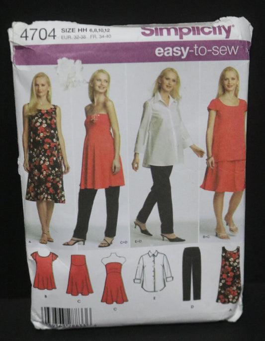 Simplicity 4704 Maternity Shirt and Knit Dress or Tunic, Pants and Skirt or Strapless Top Sewing Pattern UNCUT Size 6 8 10 12