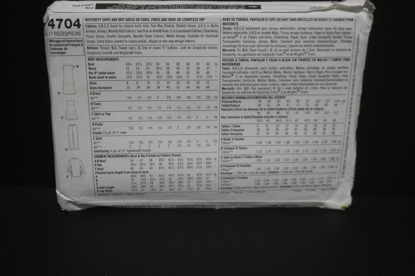 Simplicity 4704 Maternity Shirt and Knit Dress or Tunic, Pants and Skirt or Strapless Top Sewing Pattern UNCUT Size 6 8 10 12