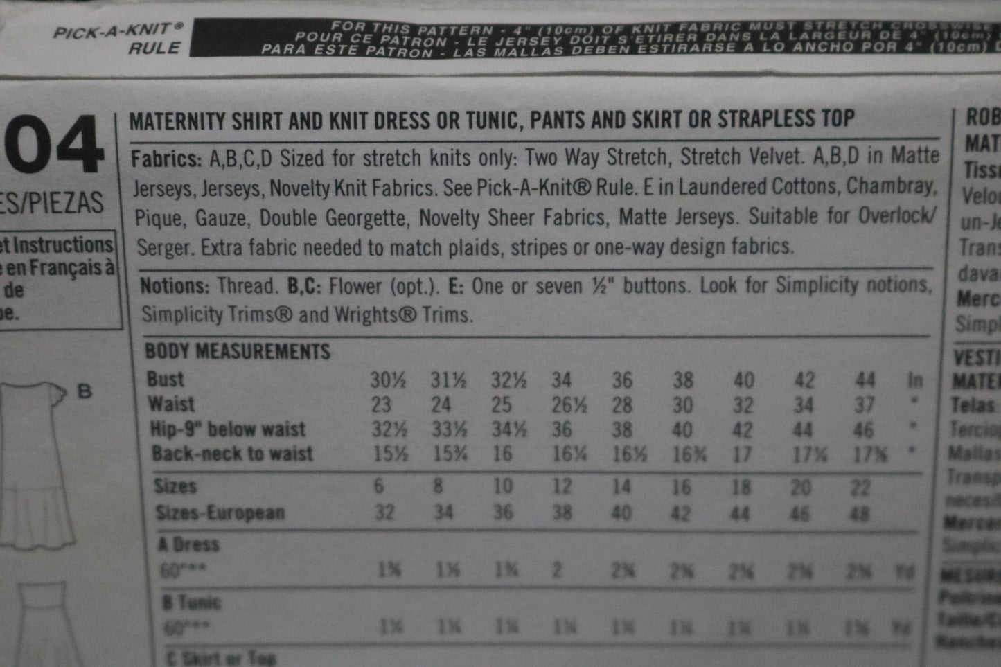 Simplicity 4704 Maternity Shirt and Knit Dress or Tunic, Pants and Skirt or Strapless Top Sewing Pattern UNCUT Size 6 8 10 12