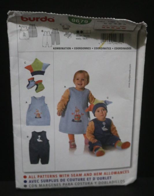 Burda 9679 Infants Jumper, Jumpsuit Hat and Booties Sewing Pattern - UNCUT - Size 3M 6M 9M 12M 18M