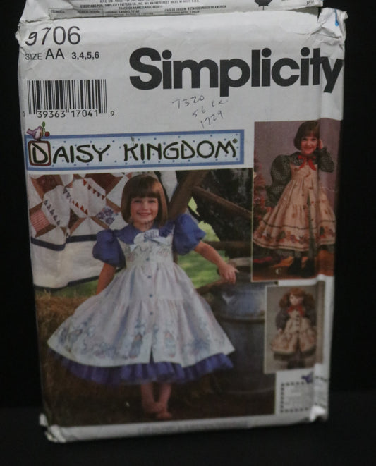 Simplicity 9706 Daisy Kingdom Girls Dress and Pinafore and Doll Clothes for 18" Doll Sewing Pattern - UNCUT - Size 3 4 5 6