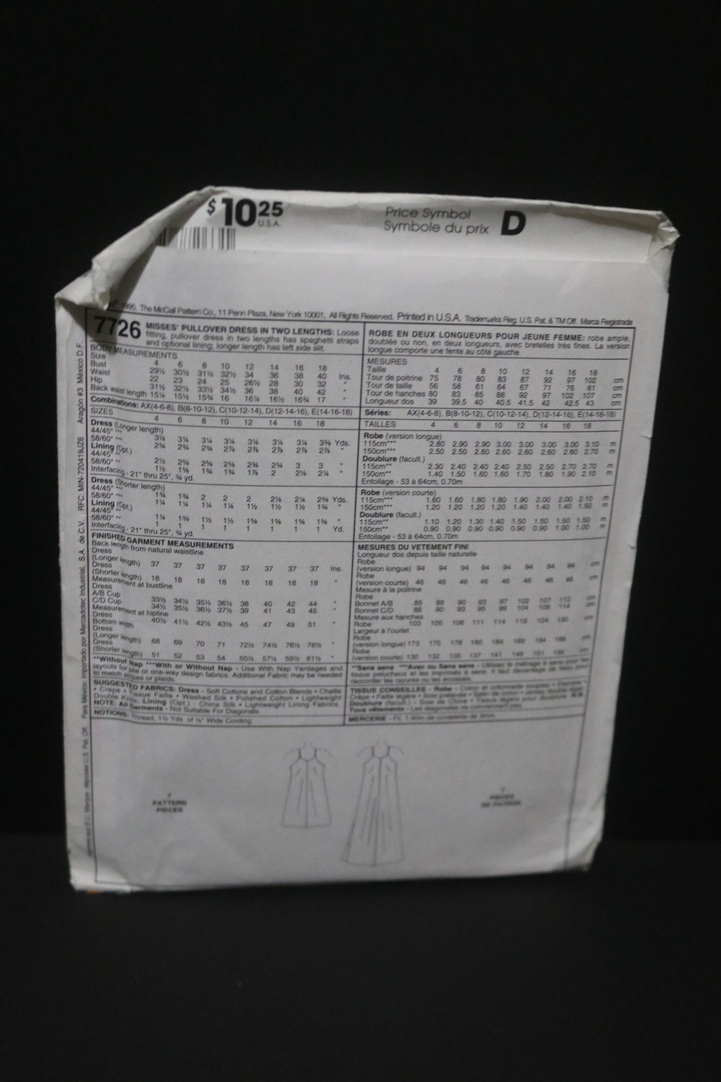 McCalls 7726 Misses Pullover Dress in Two Lengths Sewing Pattern - UNCUT - Size 10 12 14