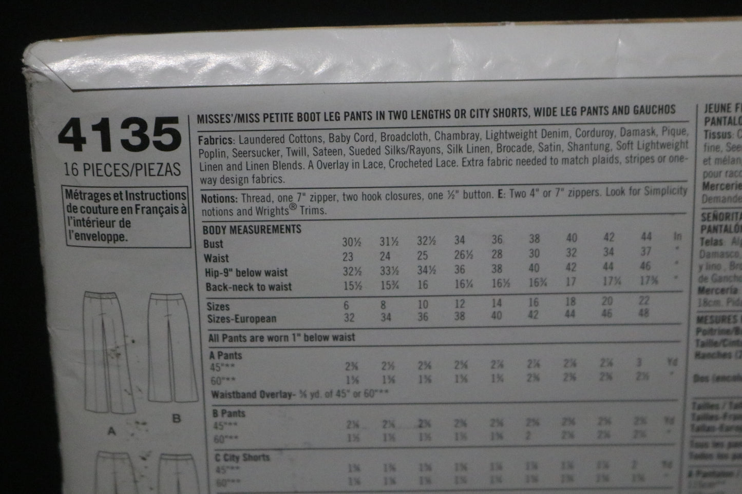 Simplicity 4135 Threads Misses / Miss Petite Boot leg Pants in Two lengths or City Shorts, Wide Leg Pants and Gauchos  Sewing Pattern - UNCUT - Size 6 8 10 12 14