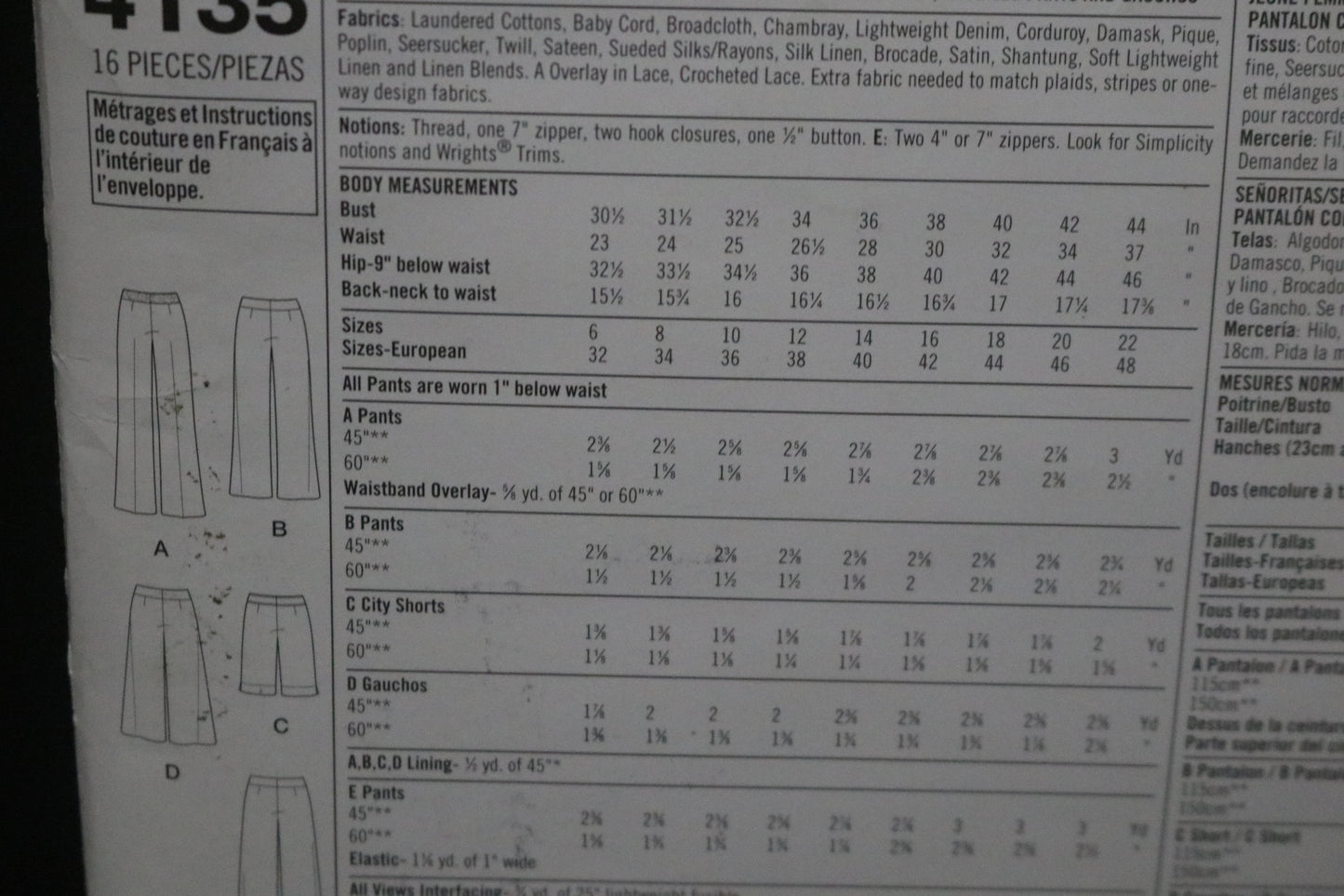 Simplicity 4135 Threads Misses / Miss Petite Boot leg Pants in Two lengths or City Shorts, Wide Leg Pants and Gauchos  Sewing Pattern - UNCUT - Size 6 8 10 12 14