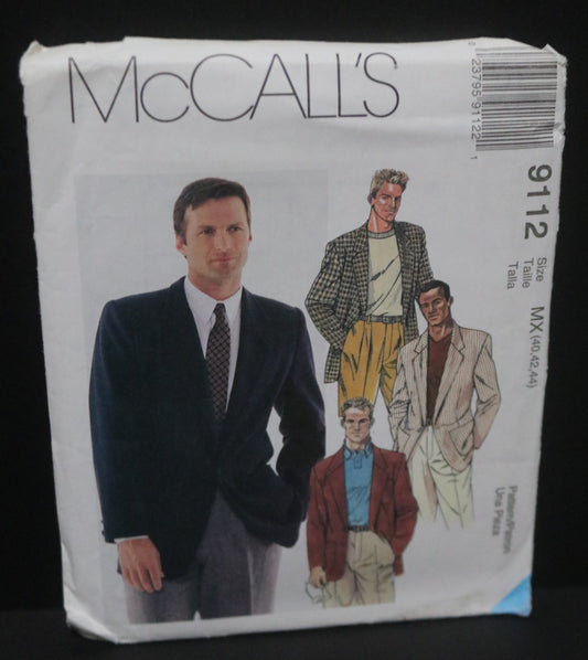 McCalls 9112 Men's Unlined Jacket Sewing Pattern - UNCUT Size MX ( 40,42,44)