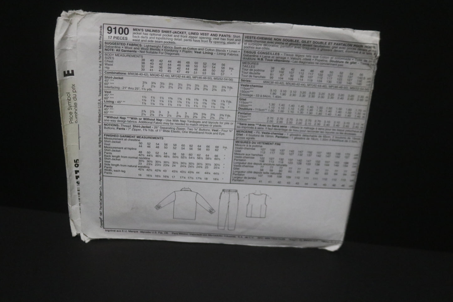 McCalls 9100 Mens unlined Shirt Jacket, Lined Vest and Pants Sewing Pattern - UNCUT Size MY (42 44 46)