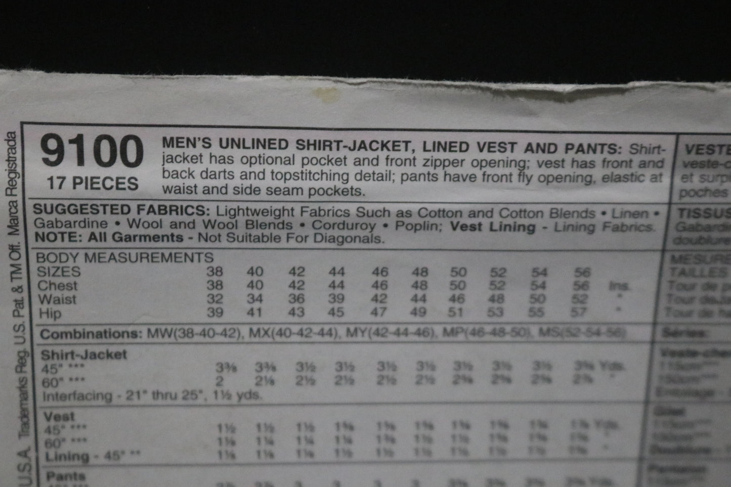 McCalls 9100 Mens unlined Shirt Jacket, Lined Vest and Pants Sewing Pattern - UNCUT Size MY (42 44 46)