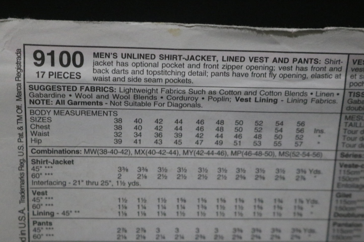 McCalls 9100 Mens unlined Shirt Jacket, Lined Vest and Pants Sewing Pattern - UNCUT Size MY (42 44 46)