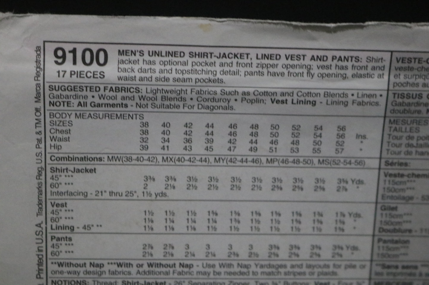 McCalls 9100 Mens unlined Shirt Jacket, Lined Vest and Pants Sewing Pattern - UNCUT Size MY (42 44 46)