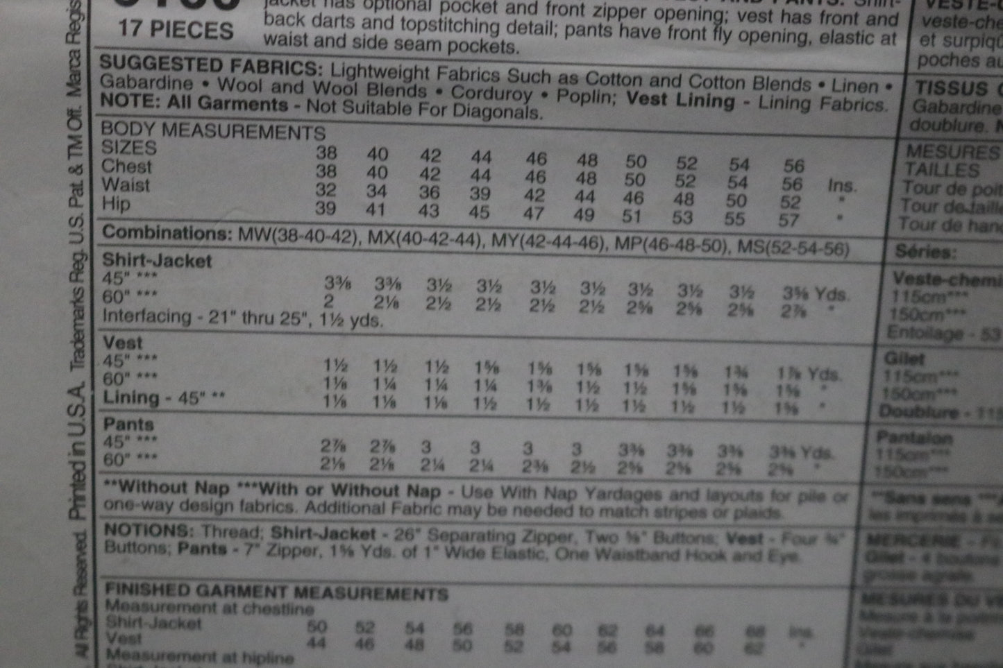 McCalls 9100 Mens unlined Shirt Jacket, Lined Vest and Pants Sewing Pattern - UNCUT Size MY (42 44 46)