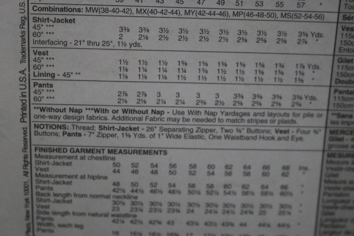 McCalls 9100 Mens unlined Shirt Jacket, Lined Vest and Pants Sewing Pattern - UNCUT Size MY (42 44 46)