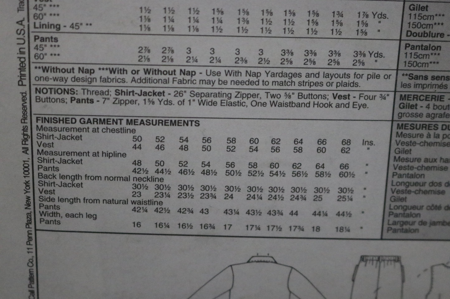McCalls 9100 Mens unlined Shirt Jacket, Lined Vest and Pants Sewing Pattern - UNCUT Size MY (42 44 46)